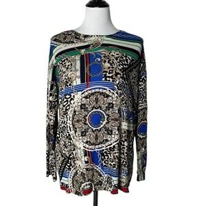 Baroque Medallion Scarf Print Long Sleeve Tunic Blouse Leopard Knit M Blue Multi